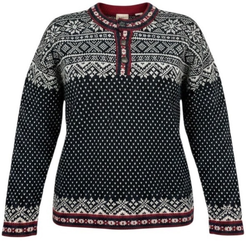 LL Bean Sweater Medium Blue Merino Wool Nordic Snowflake Henley Winter Cabin